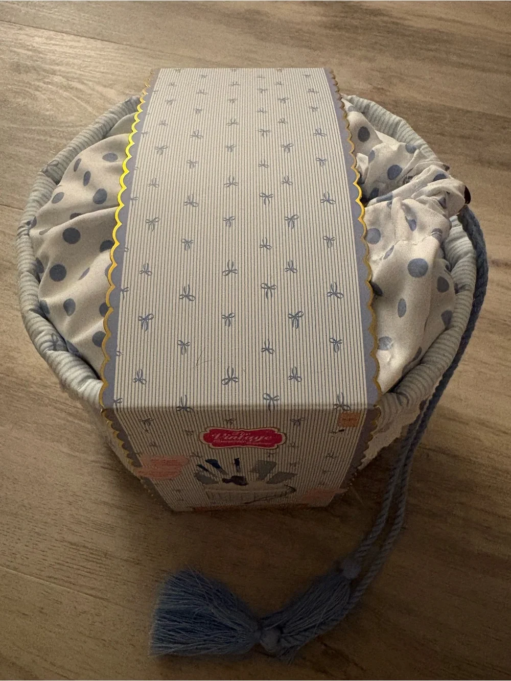 The Vintage Cosmetic Company Blue White Shabby Chic Striped Bow Print Bag